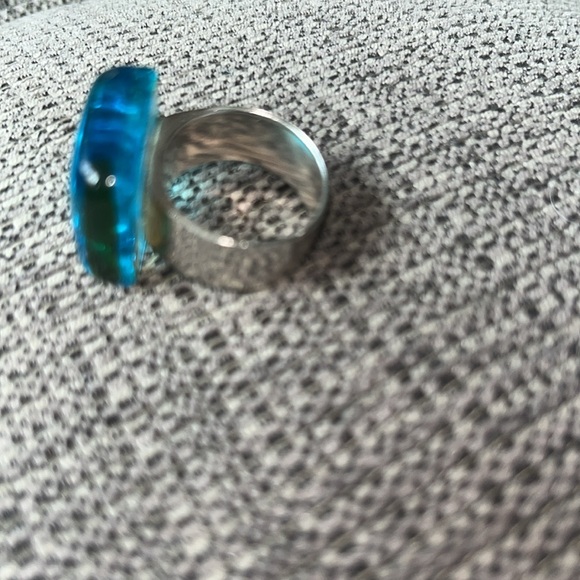 Blue Sterling Silver Murano Glass large freeform ring sz 7 new - Picture 2 of 4